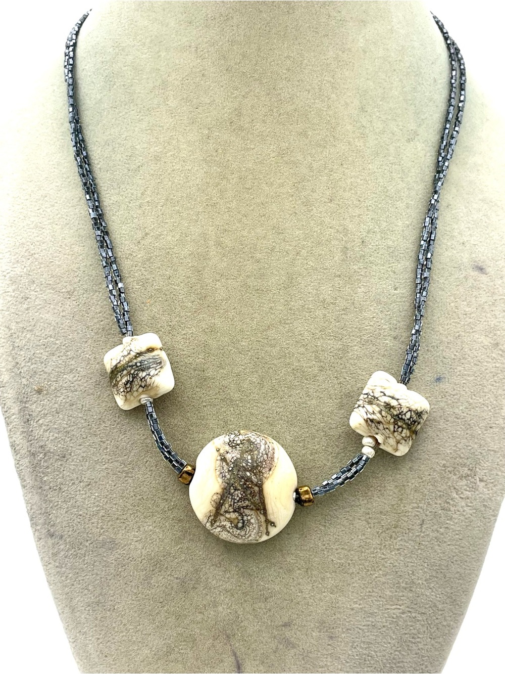 Neutral Magnetite Gemstone Bead Necklace with Dark Gray Seed Beads. 17 inch